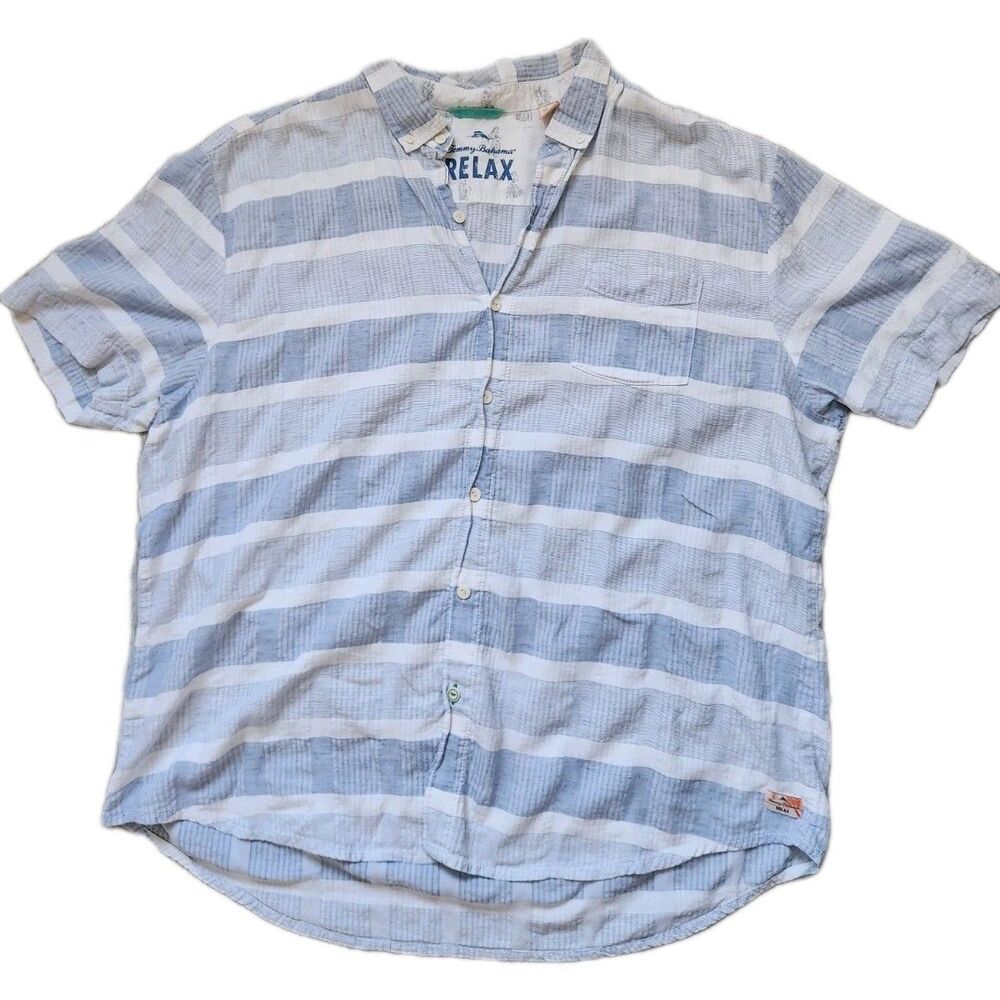 Tommy Bahama Relax 3XL Linen Blend Shirt Blue White Stripe Button Up Woven GUC